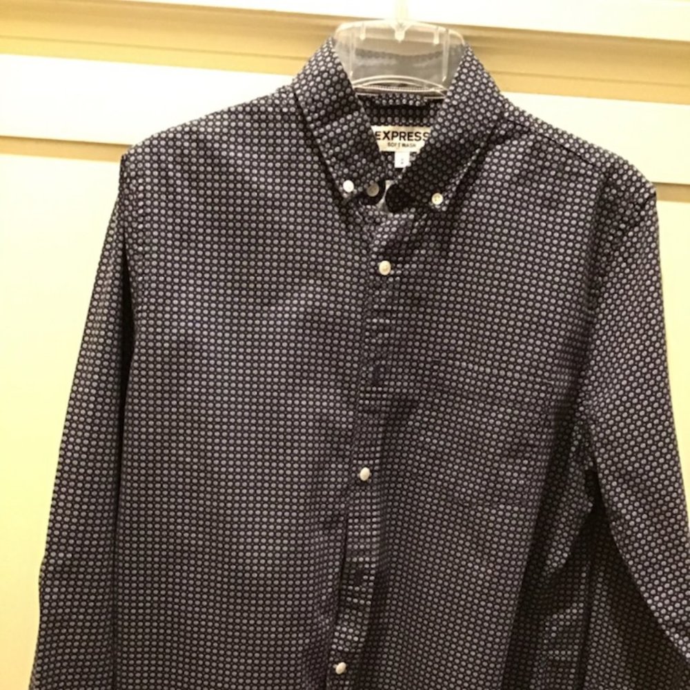 Men's Express Navy Print Dress Shirt, Medium